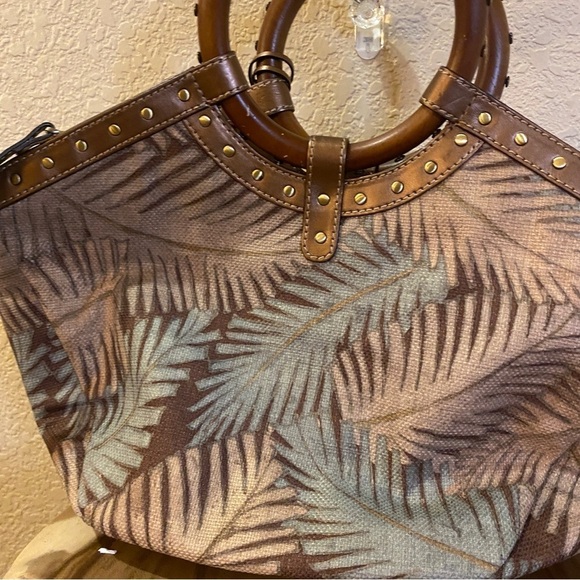 Fossil handbag dark Hawaiian tropical palm print wooden handles or strap - Picture 12 of 13